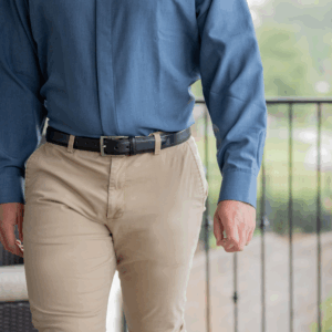 Uptown Black Belt on a model in khakis