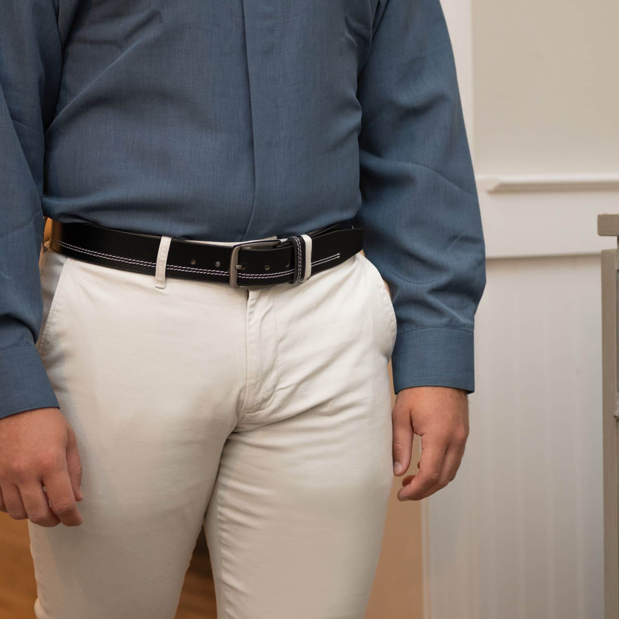 Millennial Black Leather Stitched Belt on a model in khakis