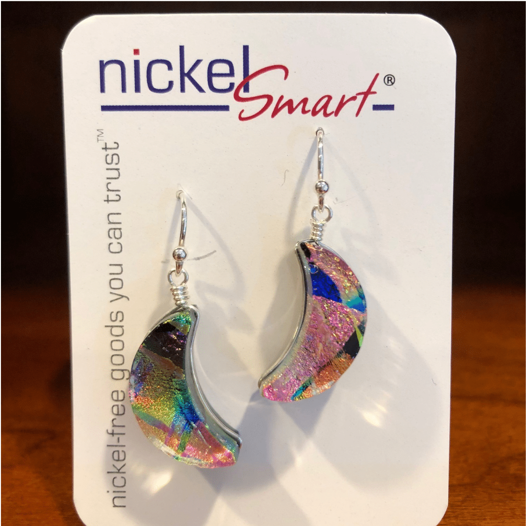 Nickel Smart Moon Goddess earrings on an earring card with a logo