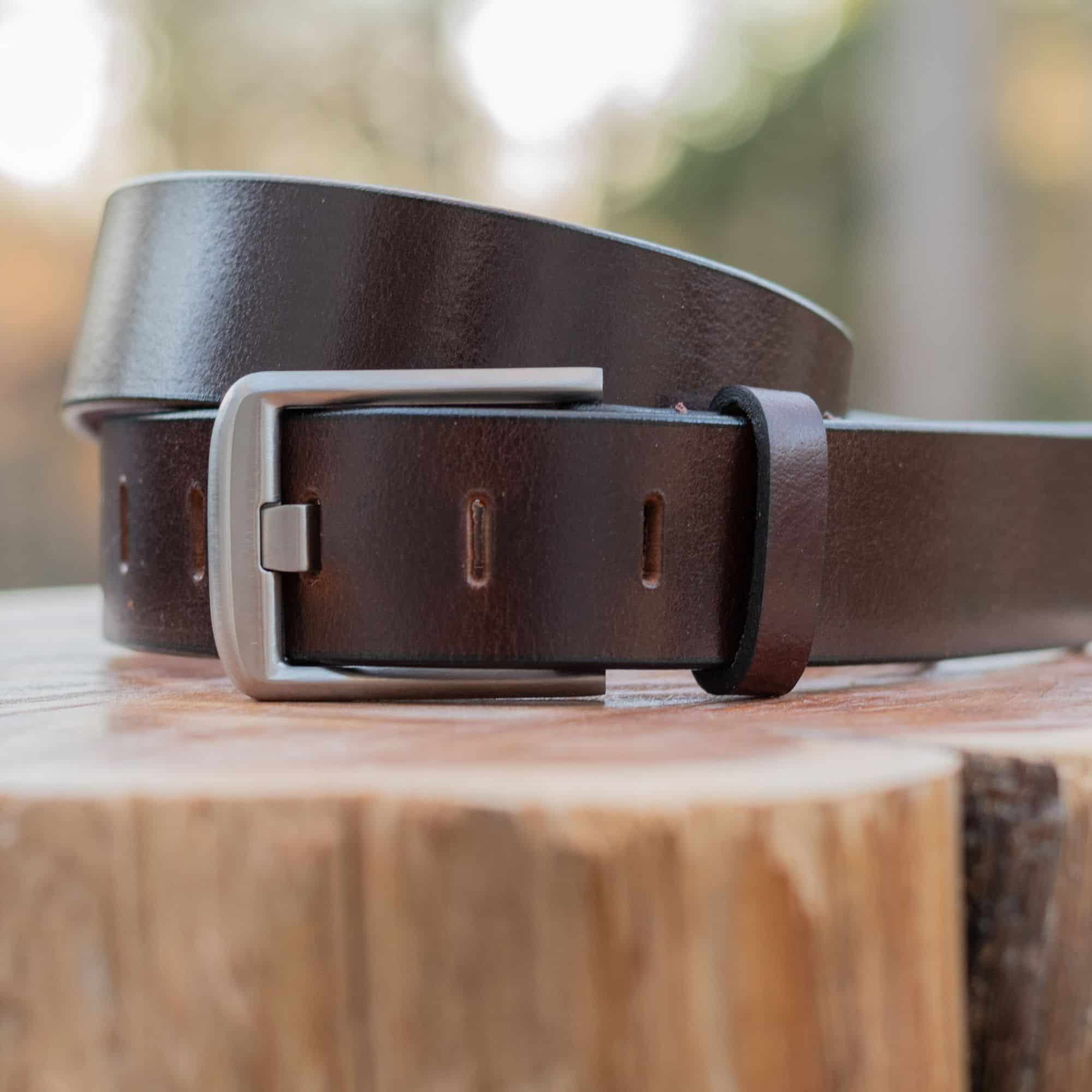 Titanium Wide Pin Brown Belt in an outdoor setting