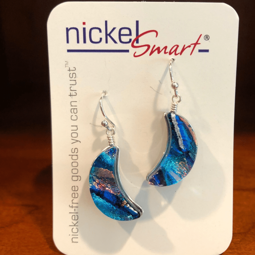 Blue Moon earrings on a branded Nickel Smart earring card