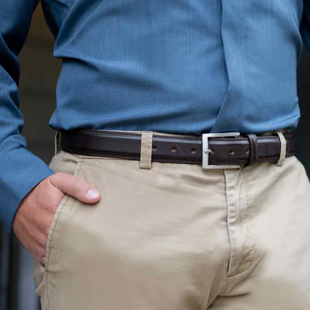Uptown Brown Leather Belt on a model in khakis