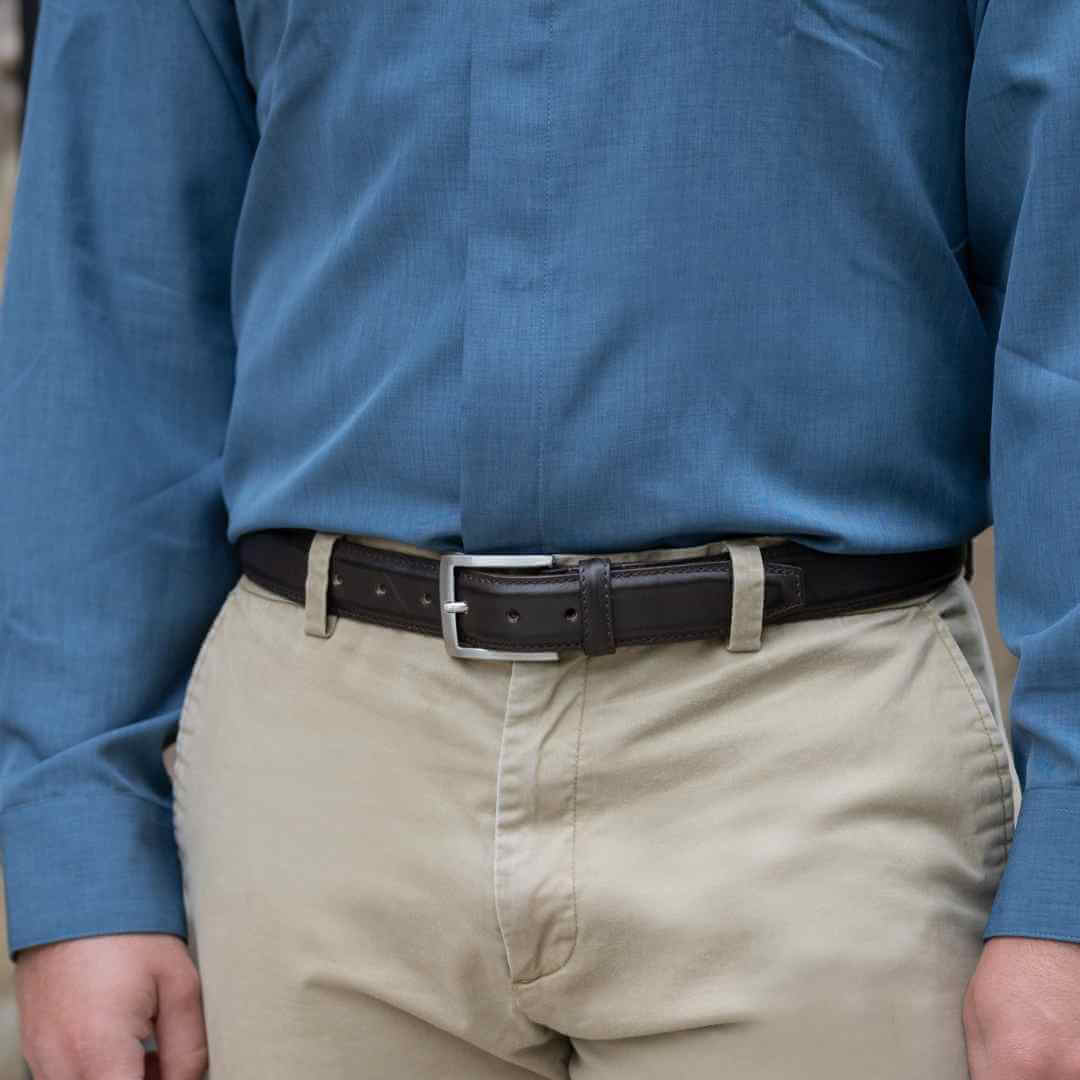 Uptown Brown Leather Belt on a model in khakis